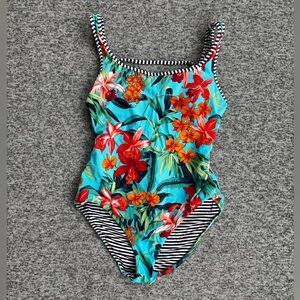 Tommy Bahama Reversible Striped Floral One Piece Bathing Suit